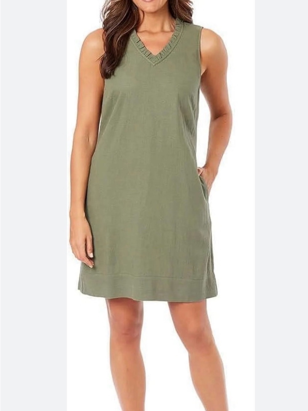 Linen Olive Green Ruffle Neck Dress size S